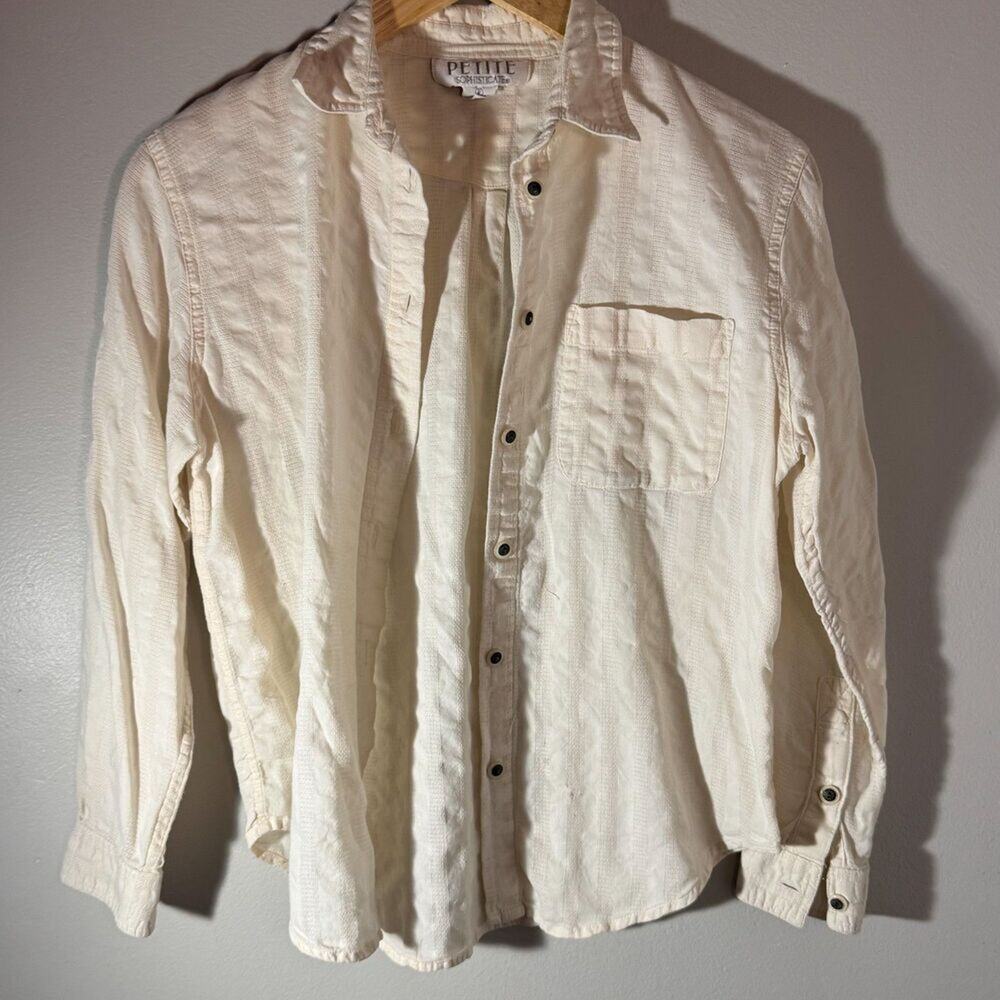 Vtg 90s Petite Sophisticate Ivory Cotton Jacquard Button Down Shirt Textured P